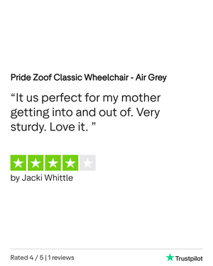 Customer review for Pride Zoof Classic Wheelchair Air Grey showing 4-star Trustpilot rating and positive feedback.