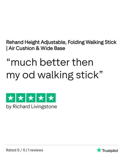 Customer review text praising Rehand adjustable folding walking stick with air cushion and wide base, five-star rating shown