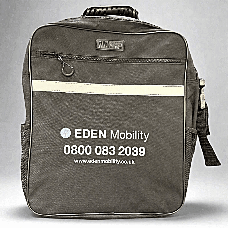black scooter bag backpack with Eden Mobility branding on a grey background