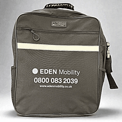 black scooter bag backpack with Eden Mobility branding on a grey background