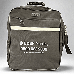 black scooter bag backpack with Eden Mobility branding on a grey background