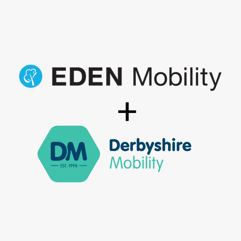 Logos of Eden Mobility and Derbyshire Mobility side by side with a plus sign in between on a white background.