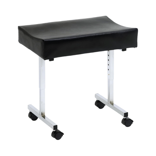 Adjustable height leg rest with black padded top, chrome plated steel frame, and four brake castors on white background