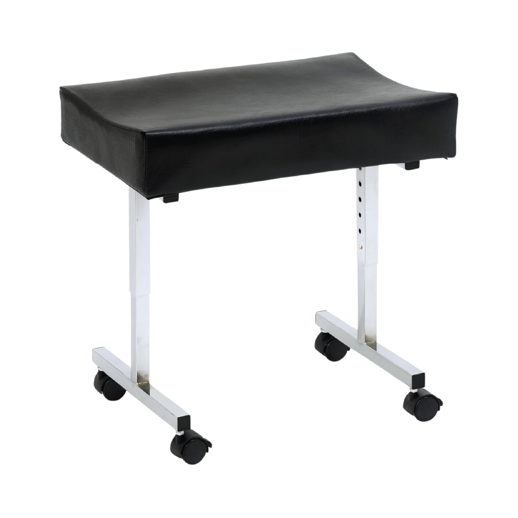 Adjustable height leg rest with black padded top, chrome plated steel frame, and four brake castors on white background