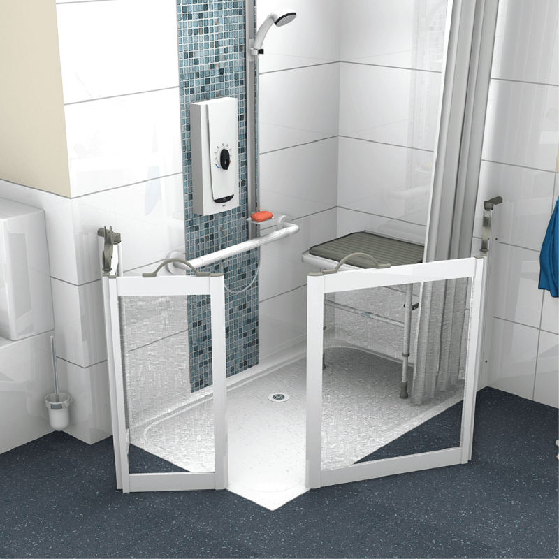 Shower stall with a grab bar and seat in a tiled bathroom