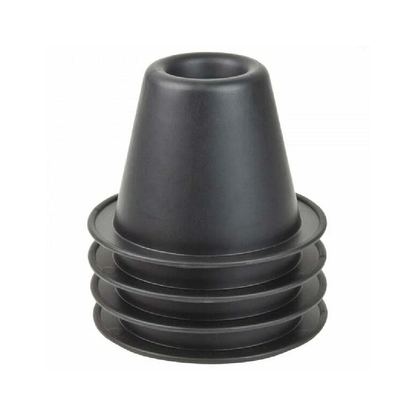 Stack of five black cone raisers with broad base and recess for chair or bed leg on white background