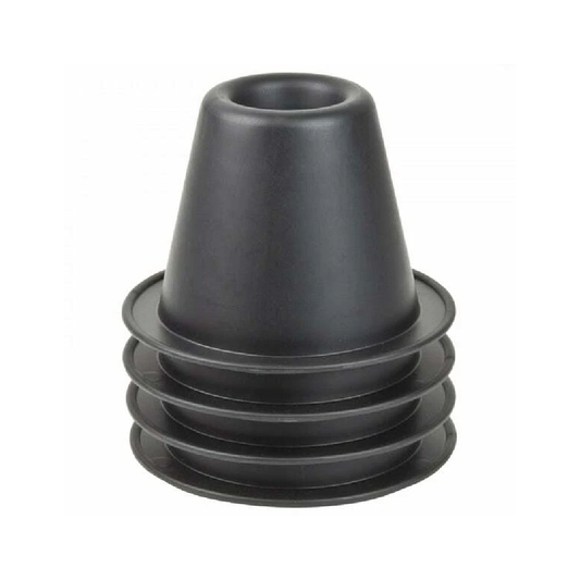 Stack of five black cone raisers with broad base and recess for chair or bed leg on white background