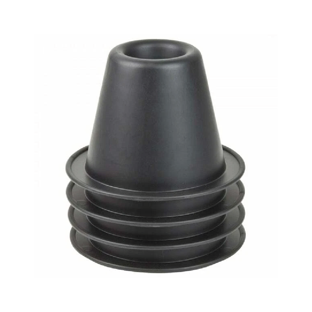 Stack of five black cone raisers with broad base and recess for chair or bed leg on white background