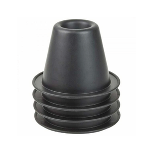 Stack of five black cone raisers with broad base and recess for chair or bed leg on white background