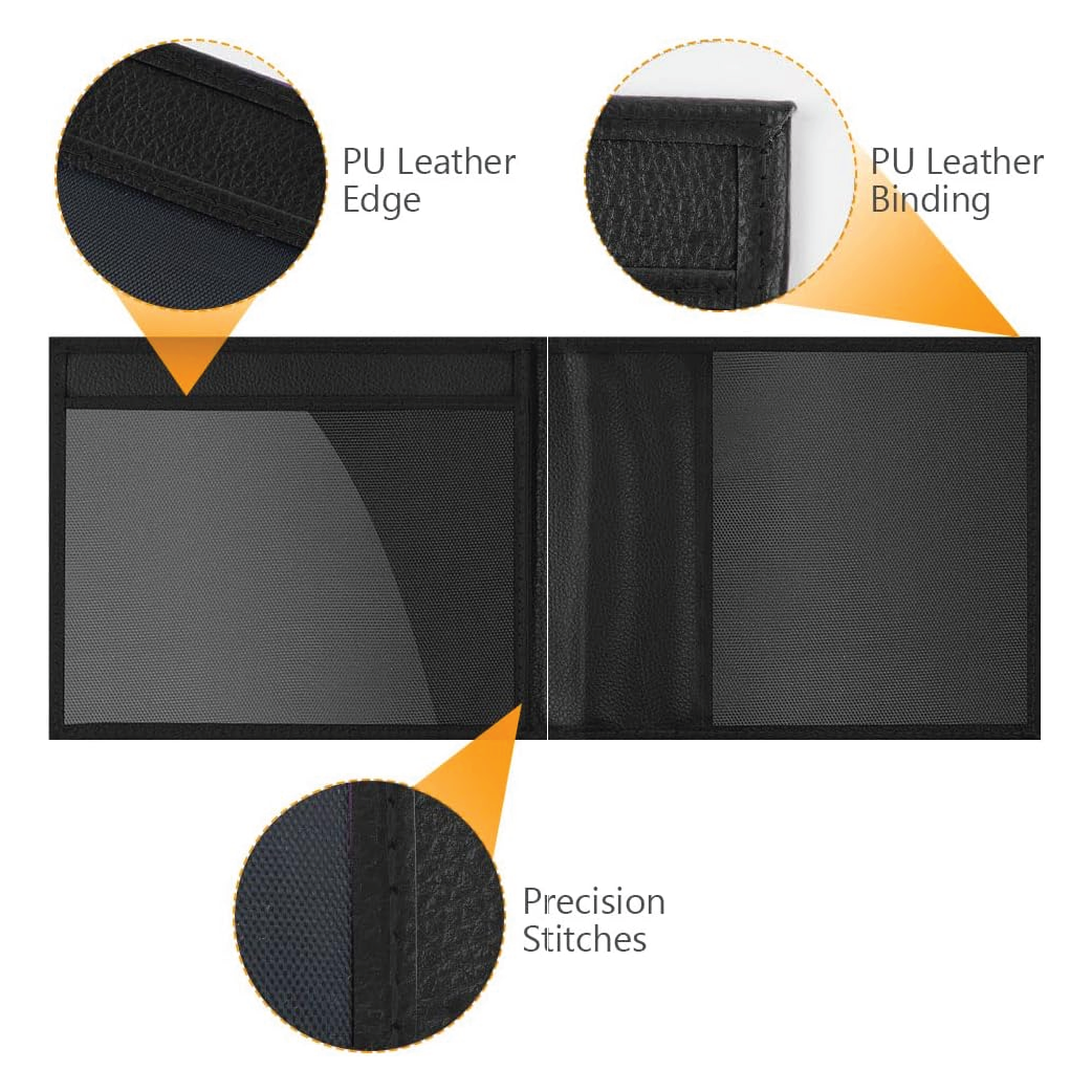 Open black Blue Badge Parking Wallet showing clear plastic windows, PU leather edges, and precise stitching details