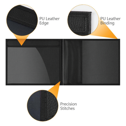 Open black Blue Badge Parking Wallet showing clear plastic windows, PU leather edges, and precise stitching details