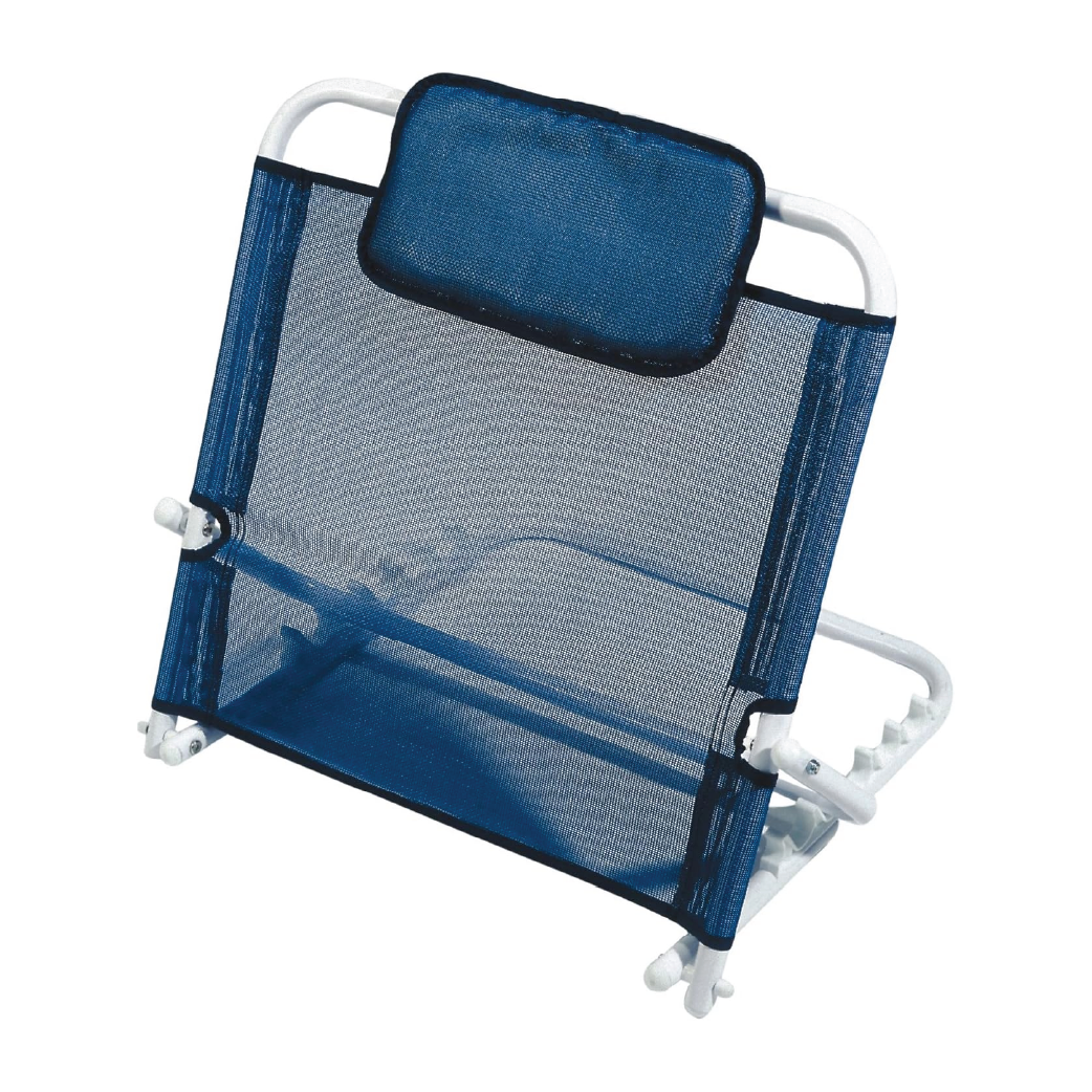 Blue adjustable mesh bed backrest with padded headrest and white metal frame on white background
