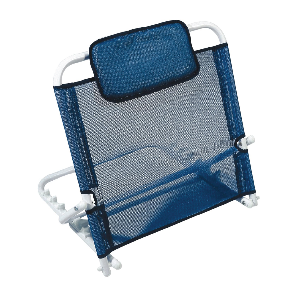 Blue adjustable mesh bed backrest with padded headrest and white metal frame on white background