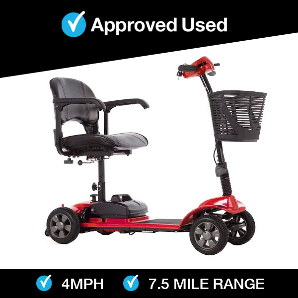 Refurbished red eTravel scooter with black cushioned seat, front basket, 4MPH speed, and 7.5 mile range approved used model.