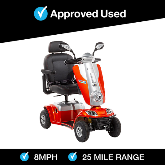 Orange and black mobility scooter with 'Approved Used' logo