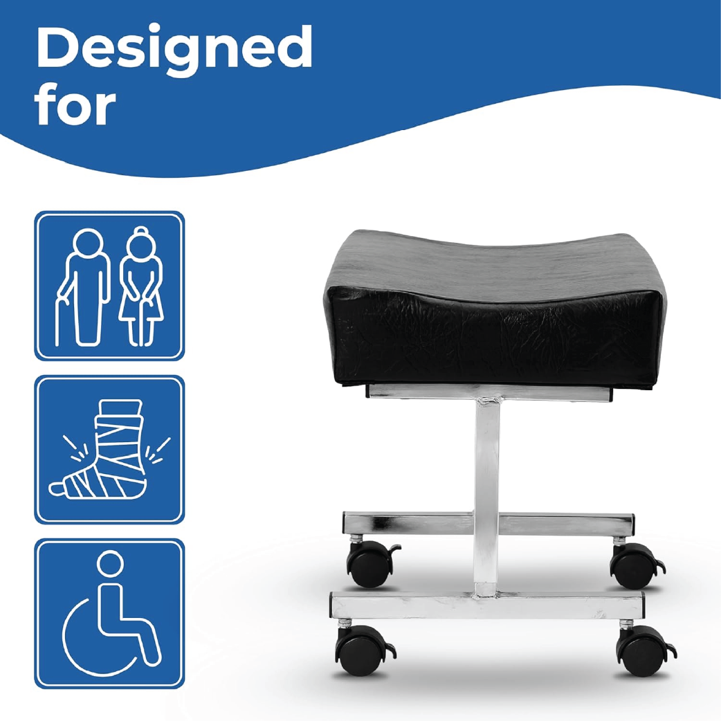 Adjustable height leg rest with padded black top, chrome frame, and four brake castors on white background with usage icons