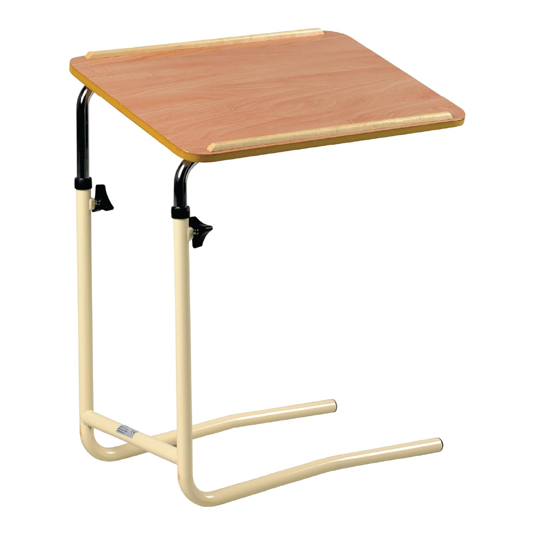 Adjustable overbed table with laminated teak top, side rails, and height and angle adjustment knobs on cream metal frame