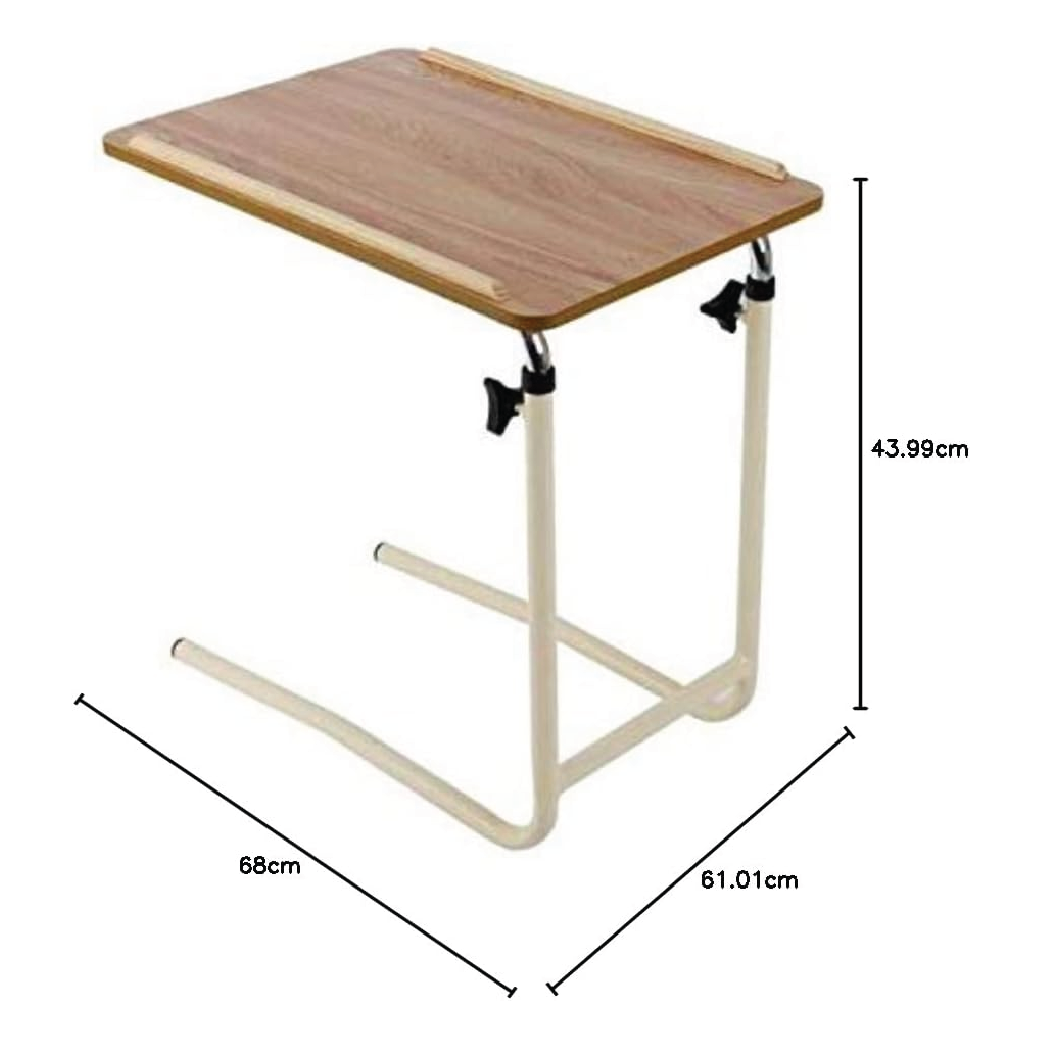 Overbed adjustable table with laminated teak top, side rails, and white metal frame shown with dimensions