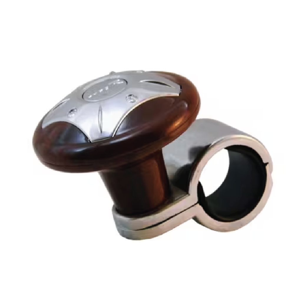 Ezee Turn Steering Knob with metallic and wood finish, designed for smooth operation and easy steering wheel control